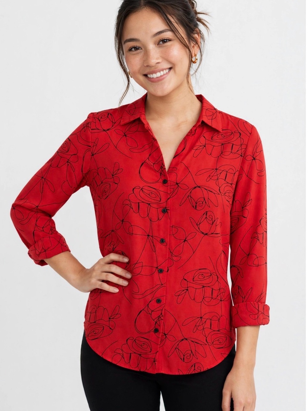 Red Floral-Print Button-Up Shirt